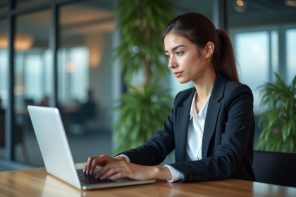 Jeune femme en coworking travaillant sur son ordinateur