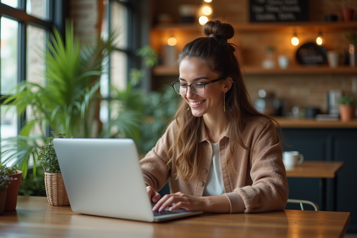 Femme millennial travaillant dans un café créatif et lumineux