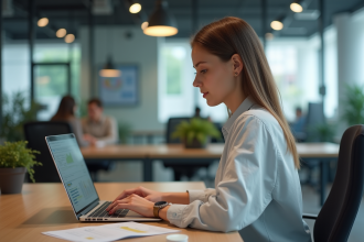 Jeune femme professionnelle travaillant sur un ordinateur en open space