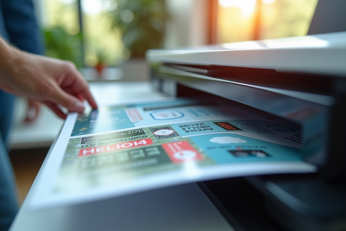 Flyers fraîchement imprimés empilés sur une imprimante moderne