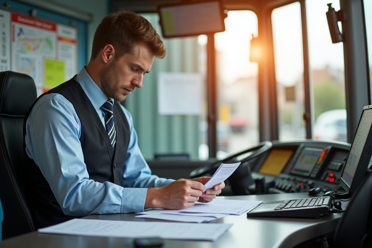 Conducteur de bus comptant des documents dans un bureau lumineux