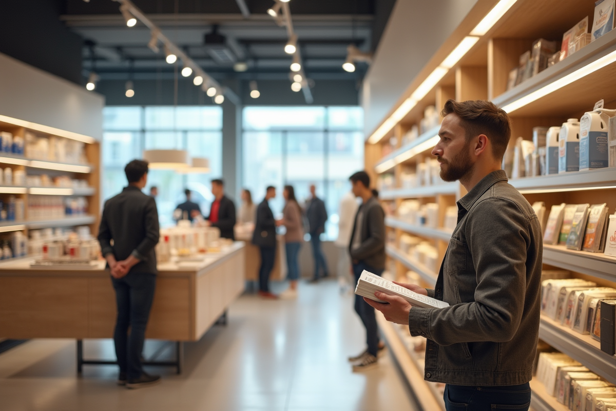 Groupe diversifié dans une boutique moderne avec produits populaires
