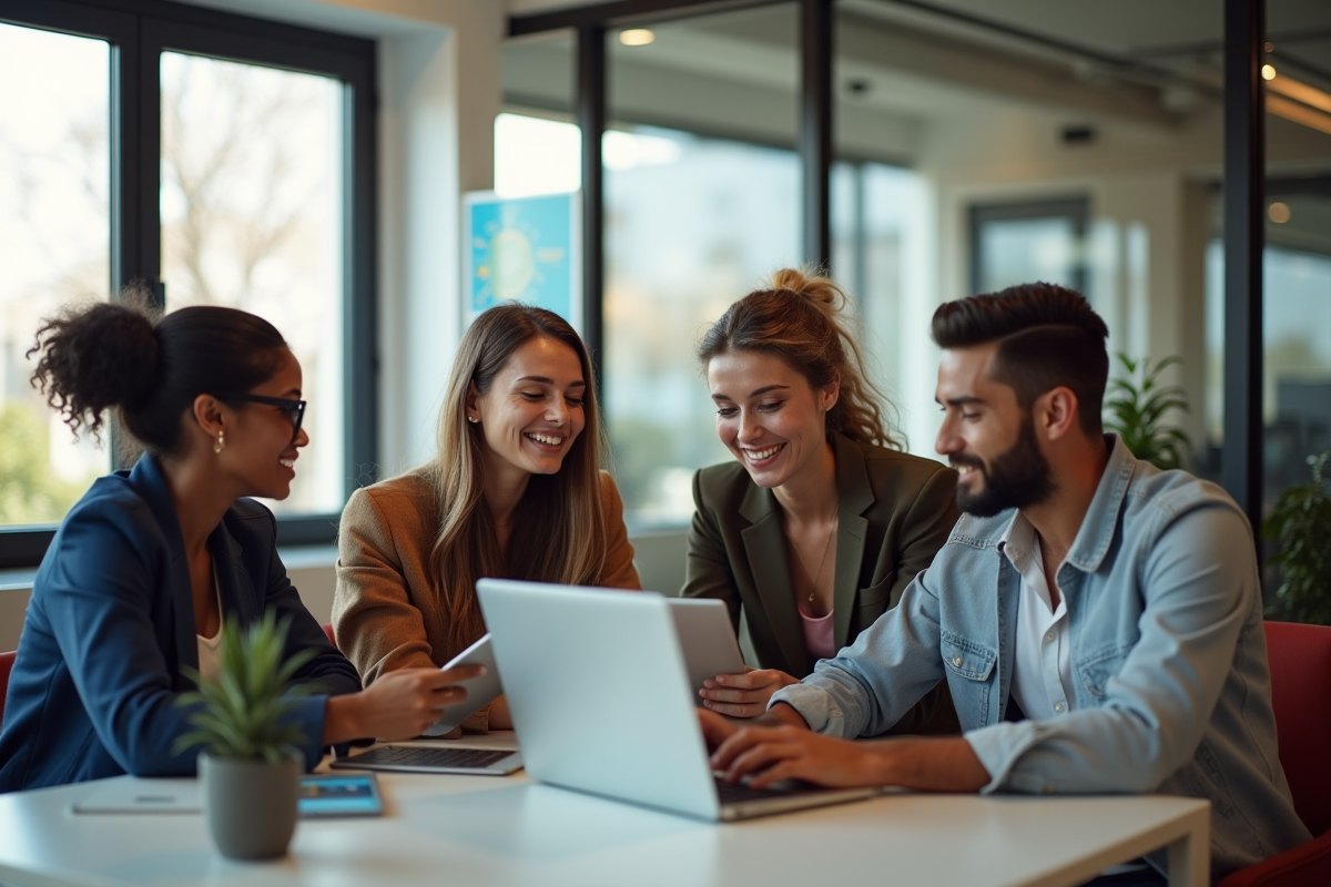 Groupe de millennials en bureau moderne discutant stratégies marketing