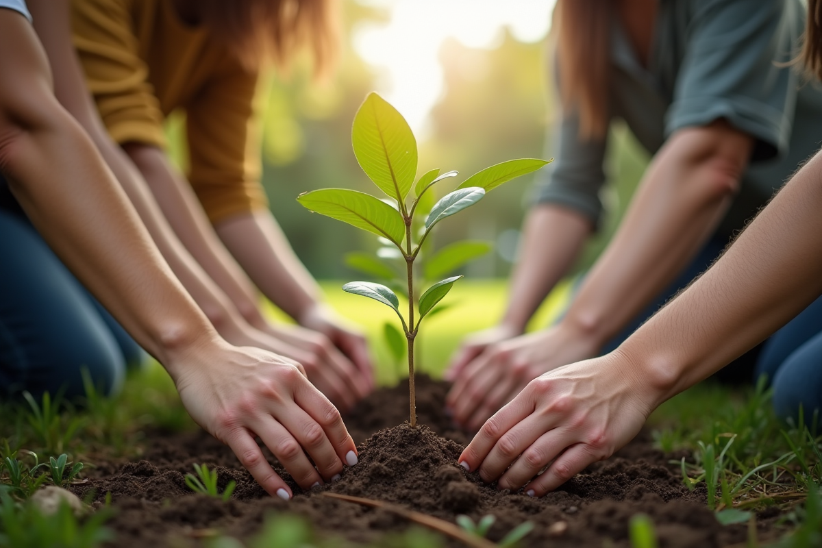 Groupe de personnes plantant des jeunes arbres dans un parc urbain ensoleille