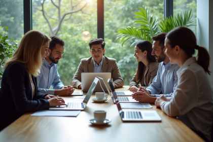 Groupe de professionnels en réunion de travail moderne