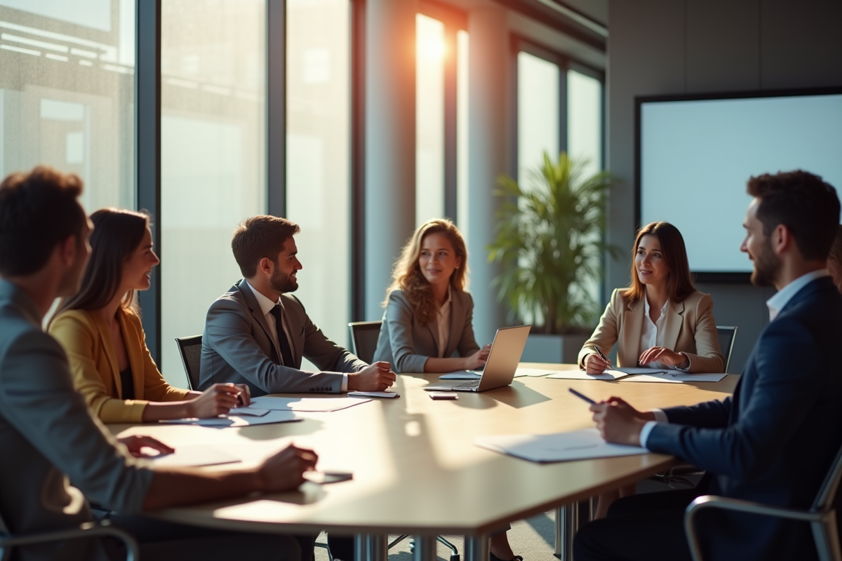 Groupe de professionnels en formation en bureau lumineux