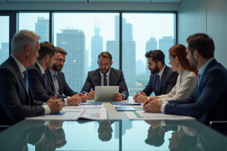 Groupe de professionnels en réunion dans une salle moderne