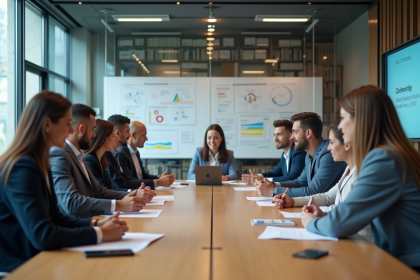 Groupe de professionnels en réunion dans une salle moderne