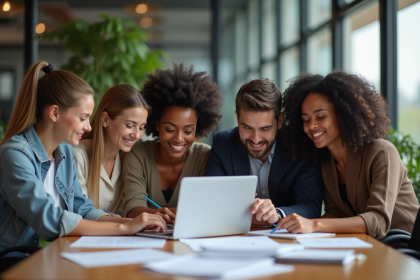 Groupe d'employes en equipe dans un bureau moderne