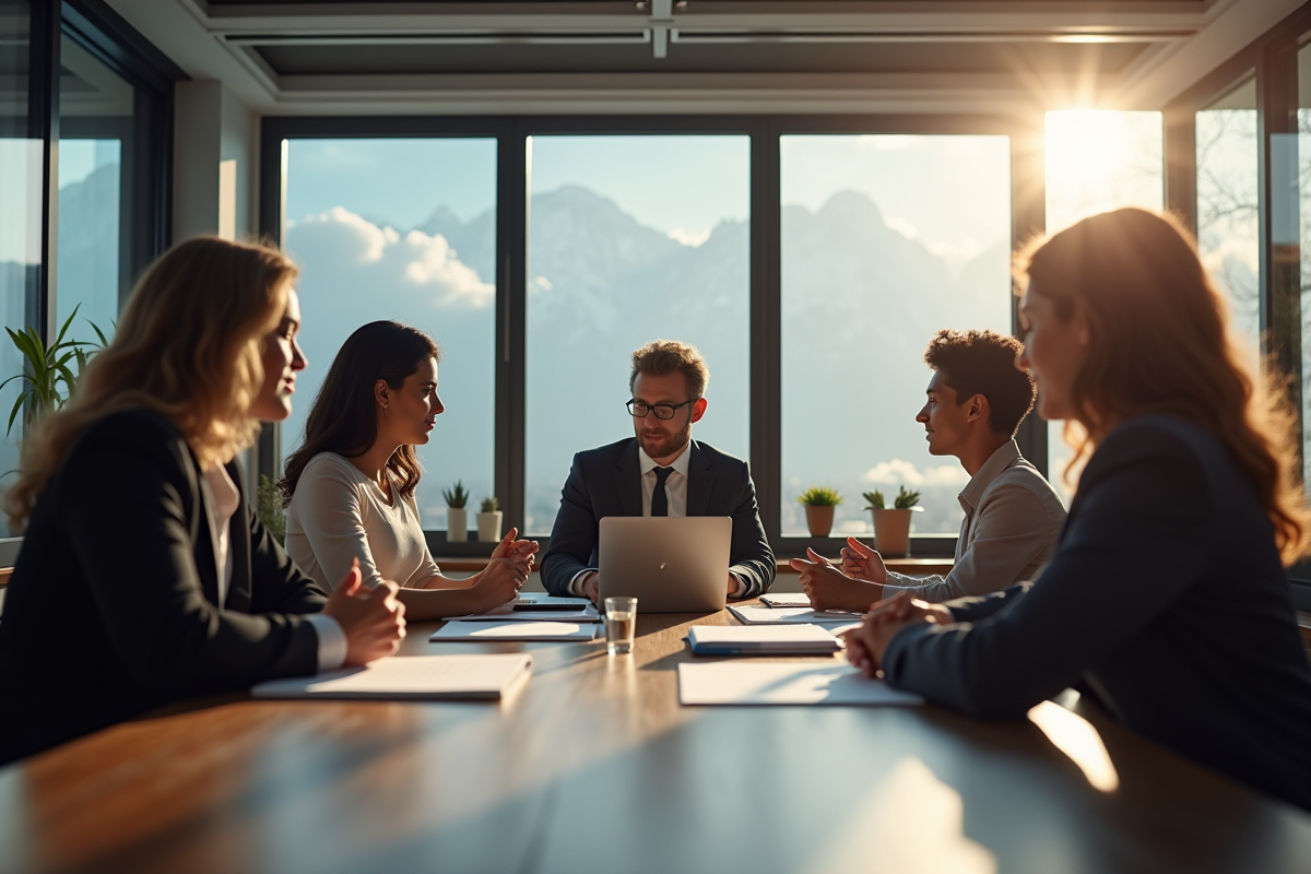 Groupe divers en réunion dans un bureau lumineux
