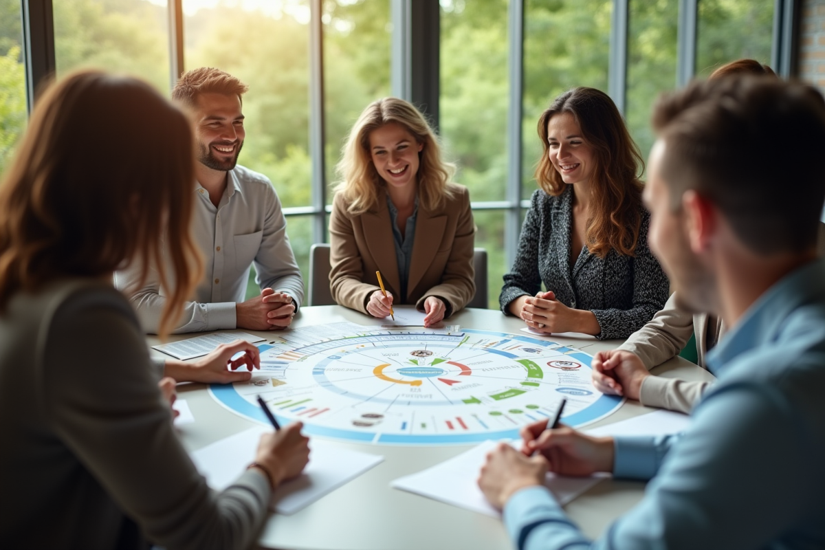 Groupe de personnes collaborant autour d'une table avec un schéma d'économie circulaire
