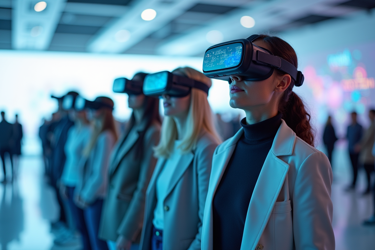 Groupe de personnes utilisant des casques de réalité virtuelle dans un espace d