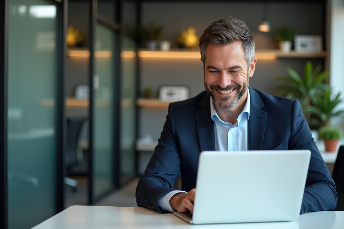 Homme d'affaires souriant devant un tableau de bord ERP