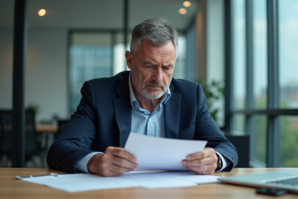 Homme d'affaires en costume navy dans un bureau moderne