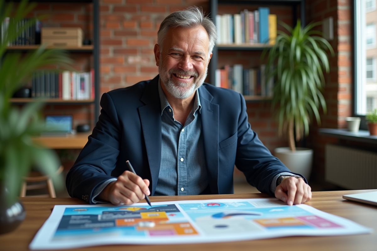 Homme daffaires examine poster dans bureau créatif