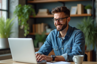 Homme concentré utilisant un ordinateur dans un bureau moderne