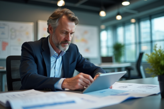 Homme d affaires en bureau moderne examine des plans et données