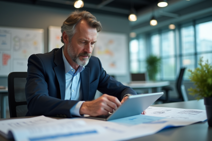 Homme d affaires en bureau moderne examine des plans et données