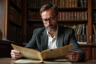 Homme français lisant un magazine ancien dans un bureau vintage