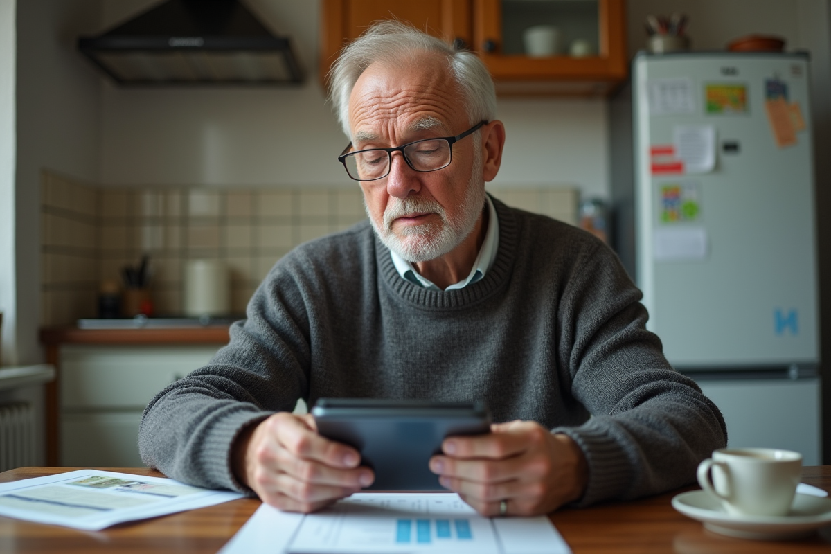 Homme âgé regardant des factures en pensant dans sa cuisine