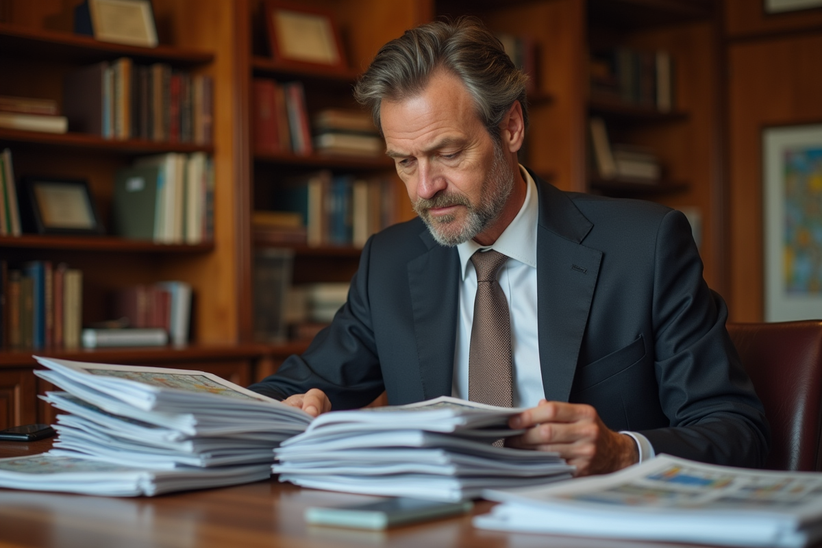 Homme d age moyen examinant des flyers marketing au bureau