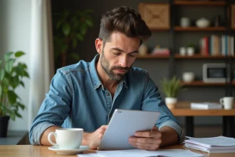 Homme concentré avec tablette dans un intérieur moderne