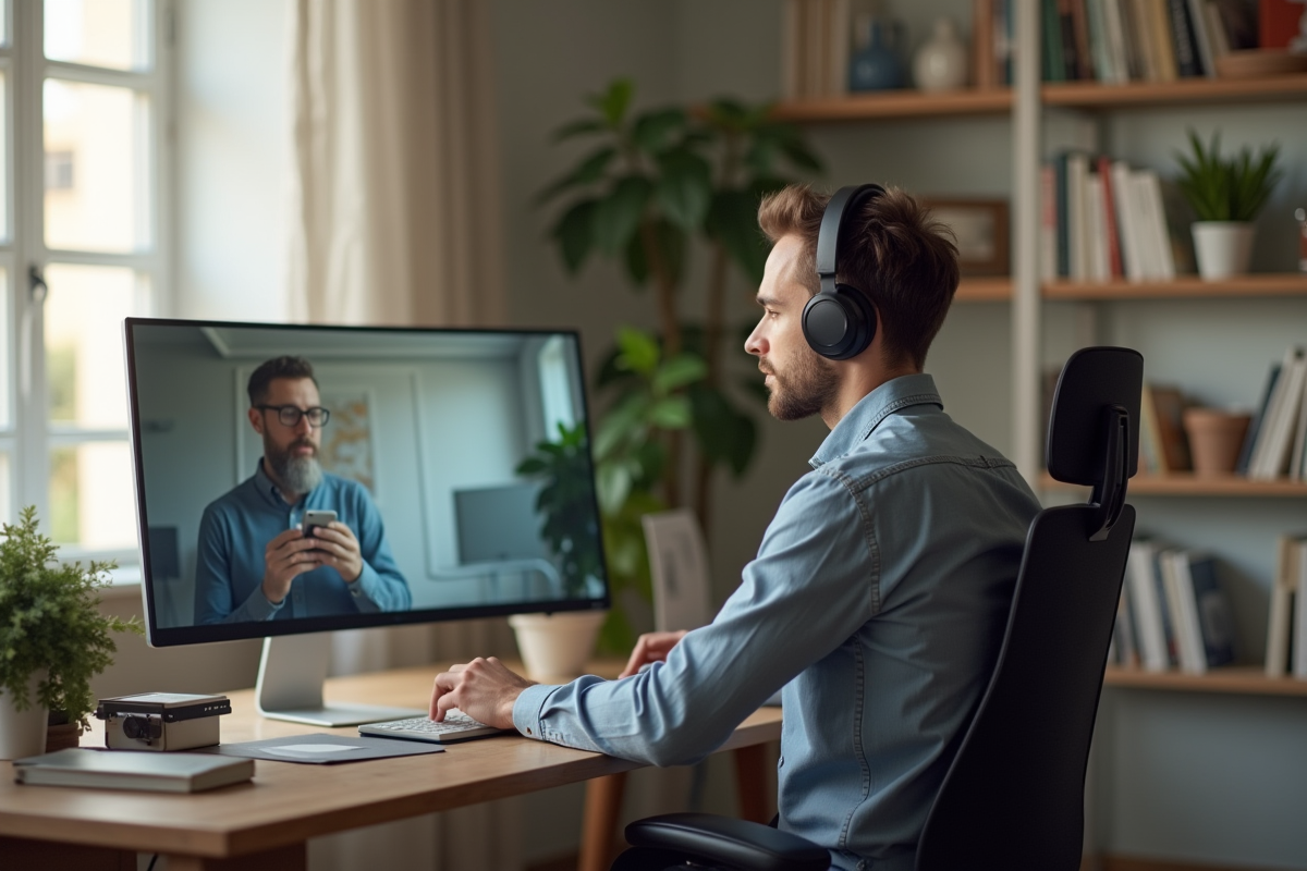 Homme en visioconference dans un salon organisé et lumineux