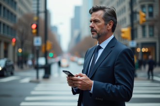 Homme d'âge moyen en costume bleu dans une ville animée