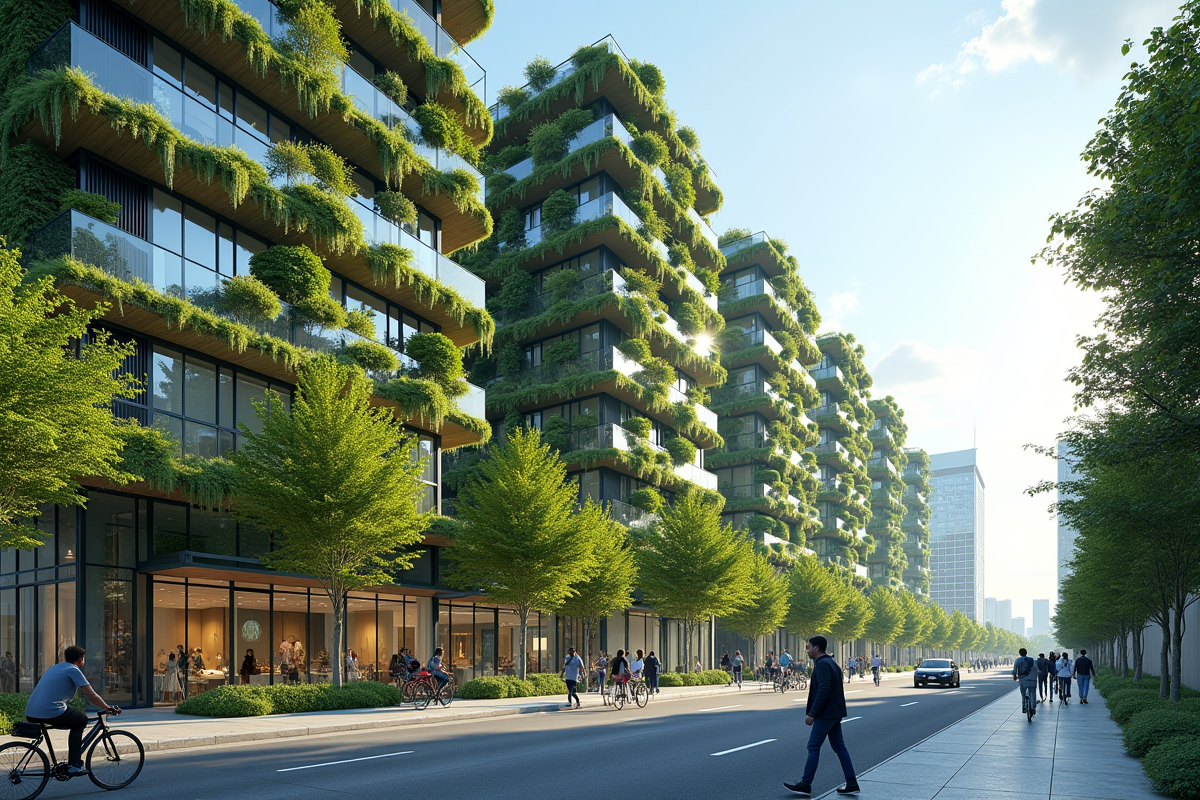 Bâtiments modernes avec jardins verticaux et panneaux solaires en ville