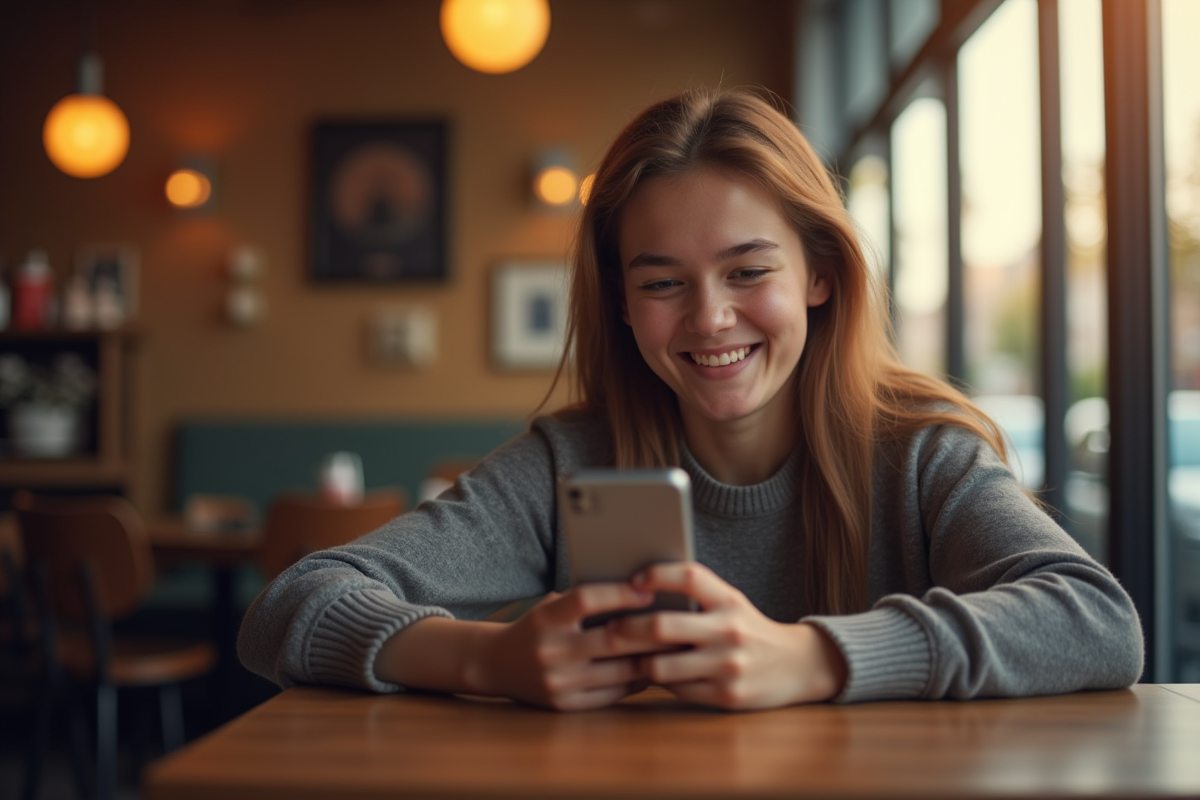 Jeune souriant utilisant un smartphone dans un café urbain