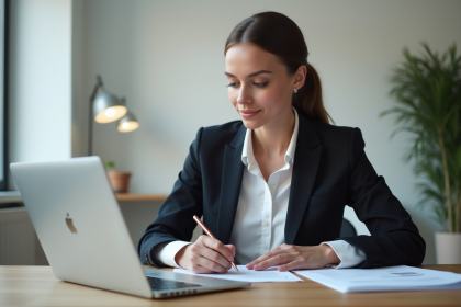 Jeune femme fran&ccedil;aise au bureau remplissant des formulaires