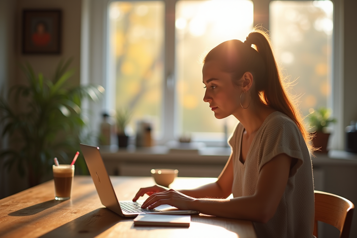 Jeune femme travaillant sur son ordinateur dans une cuisine lumineuse
