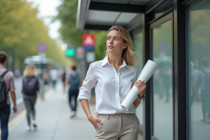 Jeune femme en ville avec affiche sous bras