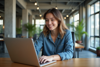 Jeune femme souriante code dans un espace coworking lumineux