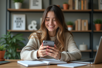 Jeune femme souriante dans un bureau cosy avec smartphone