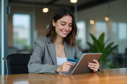 Jeune femme professionnelle souriante avec carte de crédit