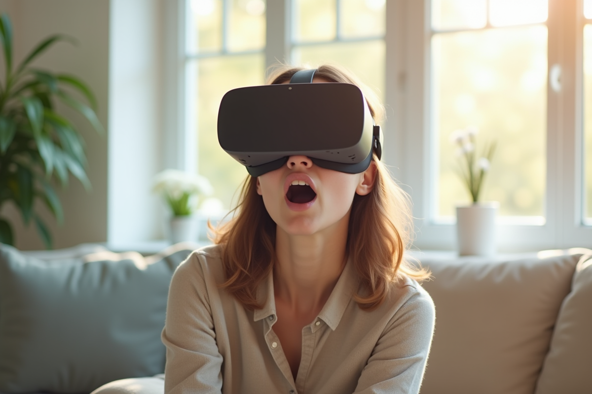 Jeune femme portant un casque de réalité virtuelle dans un salon lumineux