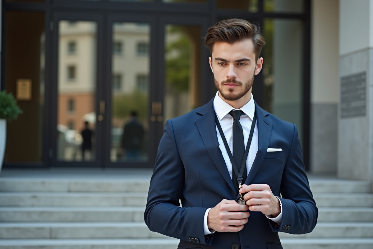 Jeune homme examine son badge devant un bâtiment moderne