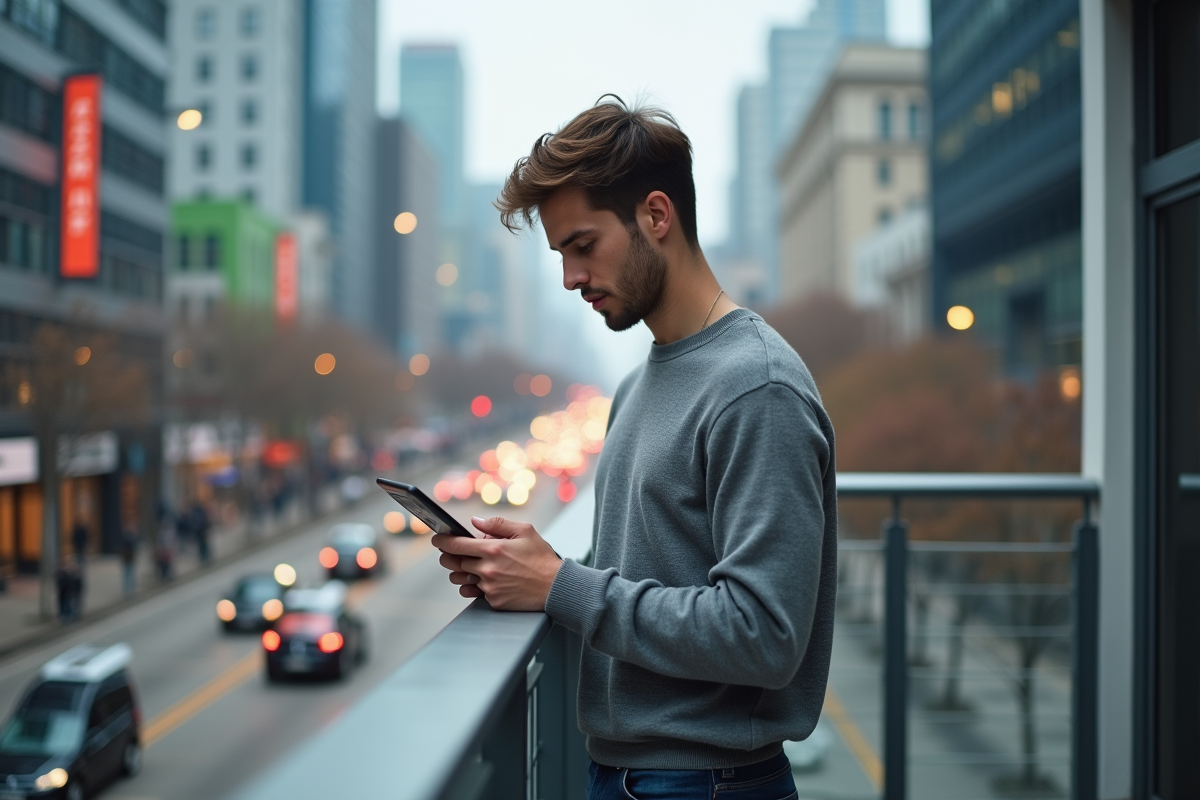 Jeune homme sur balcon urbain utilisant une tablette