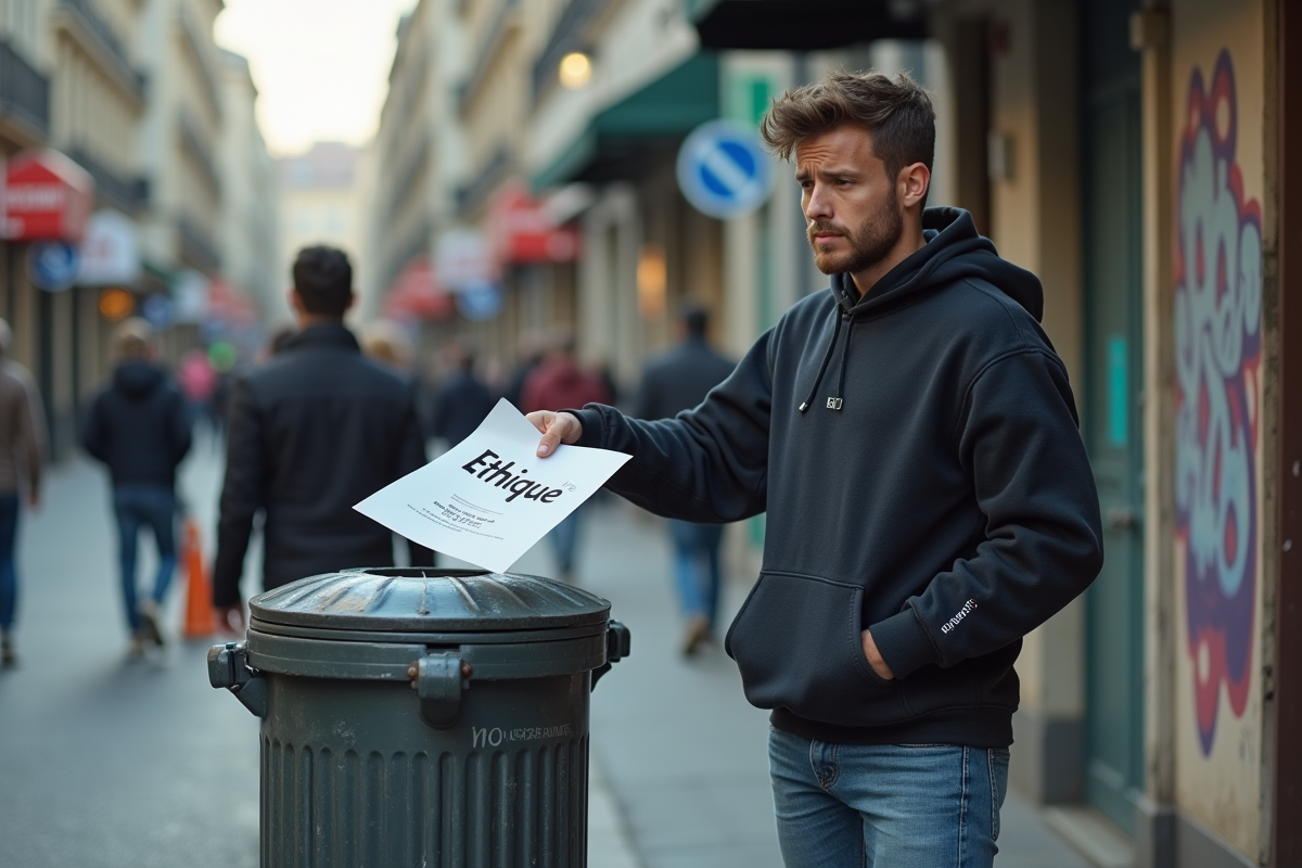 Jeune homme jetant des papiers Ethique dans une poubelle urbaine