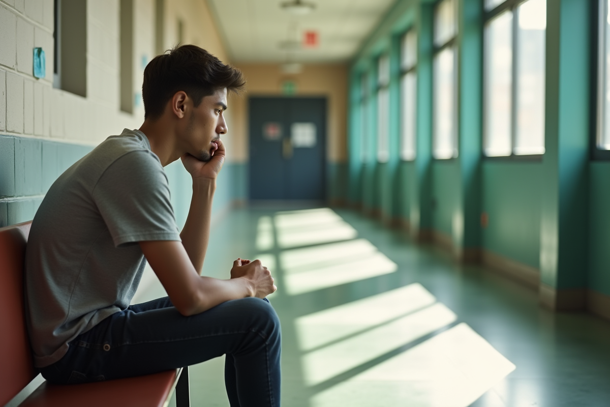 Jeune homme seul sur un banc dans un couloir lumineux