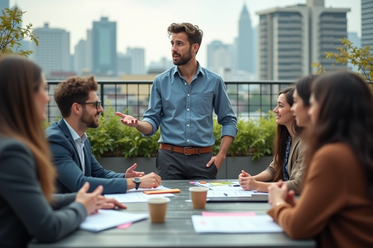Jeune homme guidant une équipe en extérieur