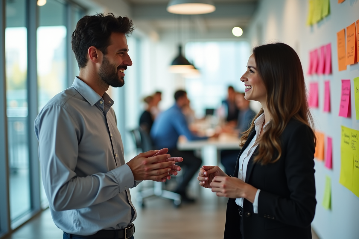 Jeune manager donnant un feedback positif à un collègue souriant