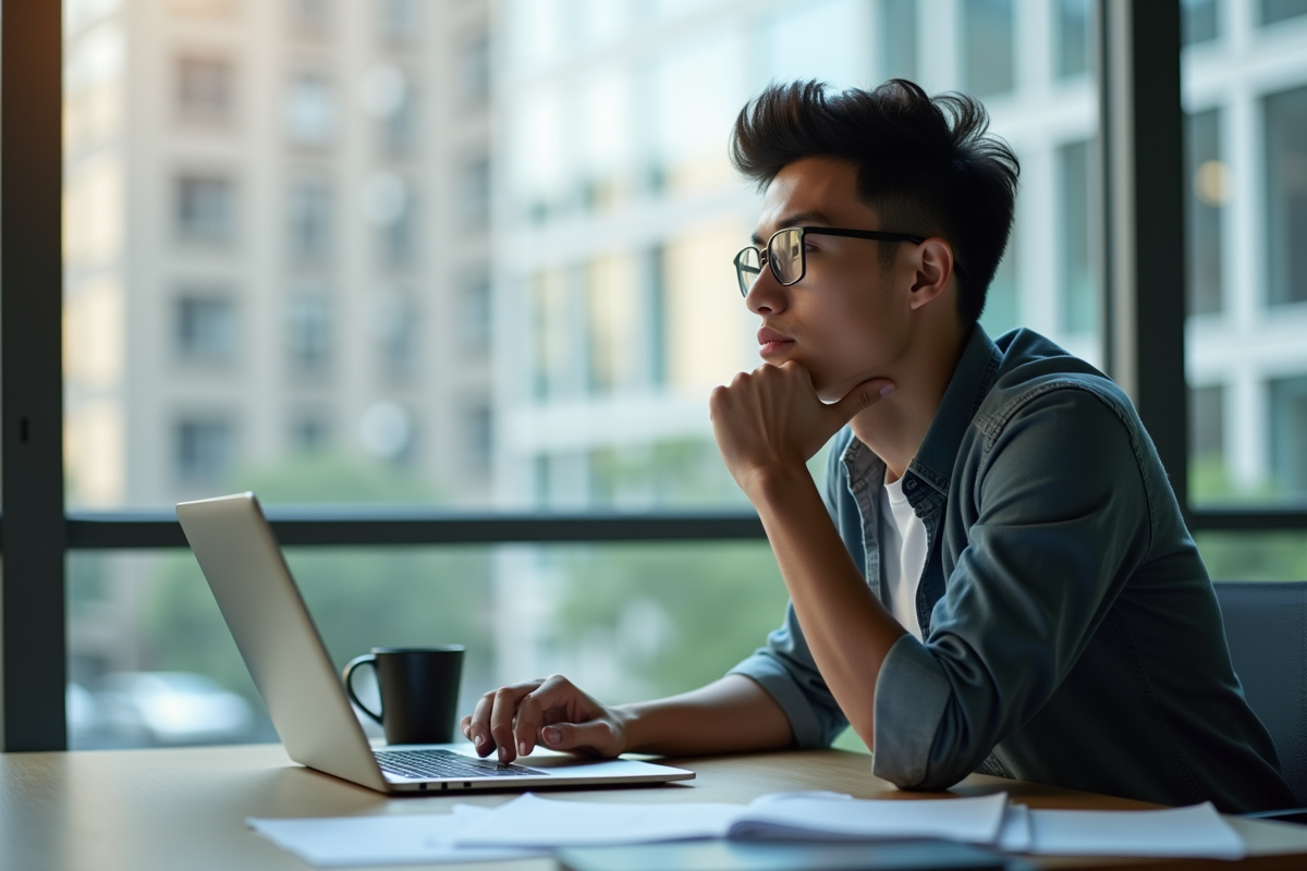 Jeune professionnel pensif au bureau avec lumière naturelle