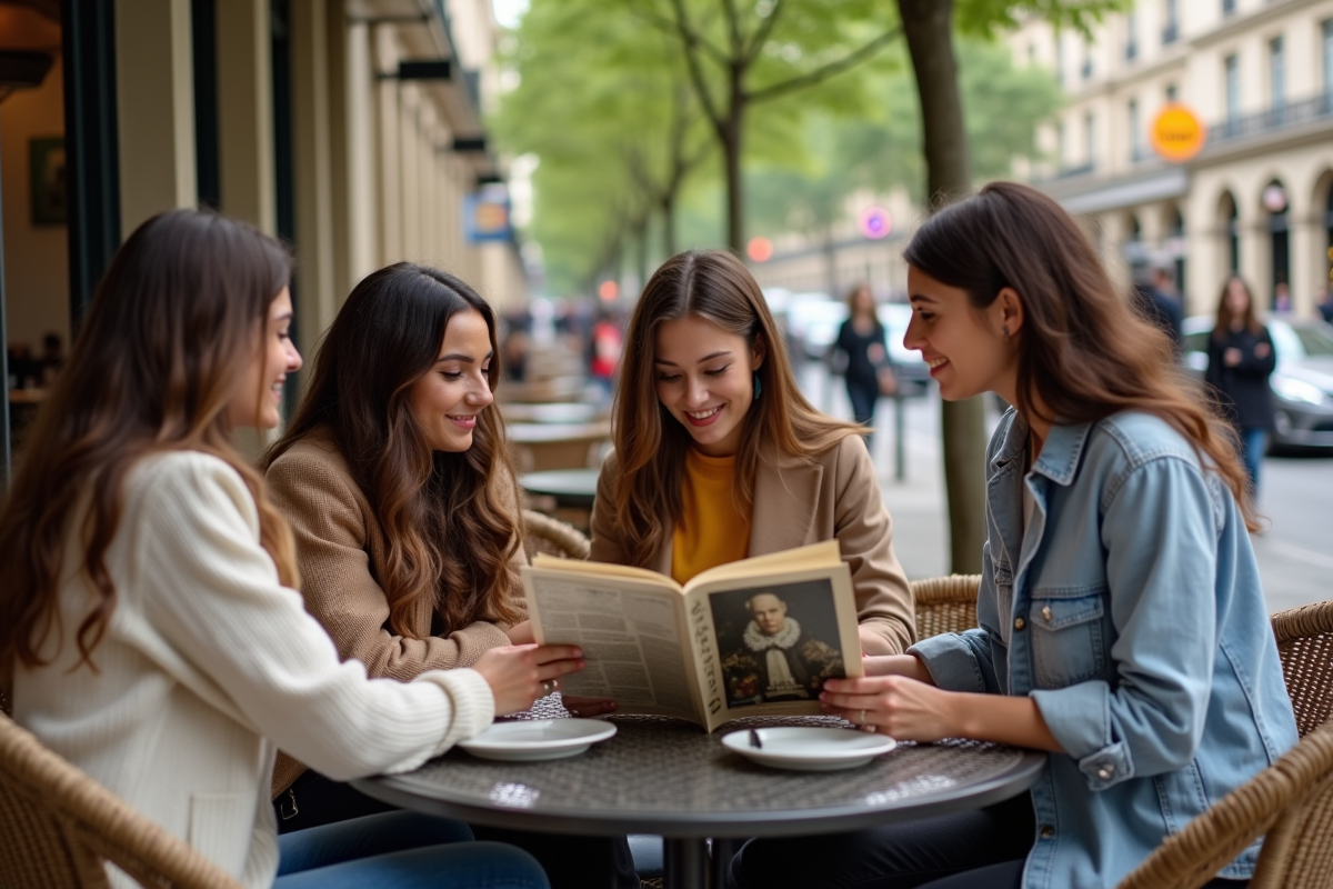 Jeunes adultes découvrant un magazine historique sur une terrasse parisienne