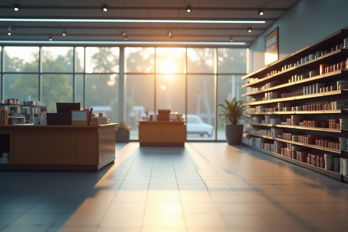 Magasin vide avec enseigne ferme et rayons inutilises