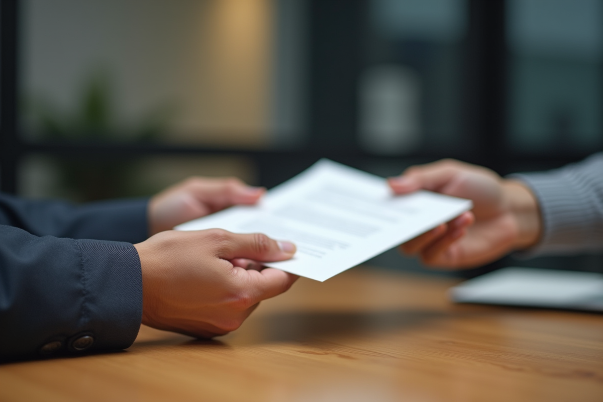 Main transmettant une lettre sur un bureau en bois