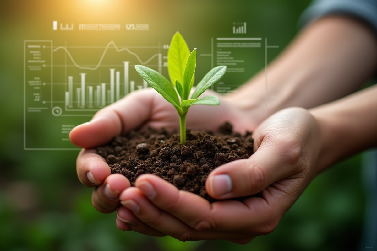 Mains tenant une jeune plante verte sur un fond de graphiques eco