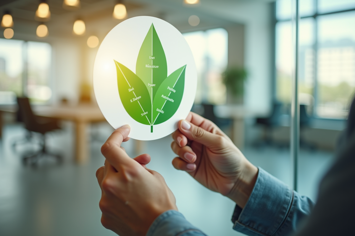 Mains collant un symbole vert sur un mur de diagrammes