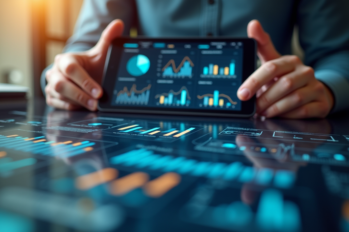 Mains tenant une tablette avec tableaux de bord analytiques lumineux